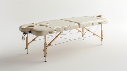 A portable folding massage table with a cream-colored cushioned surface, unfolded and displayed on a white backdrop.