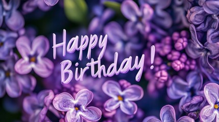 Colorful purple flowers with a birthday greeting displayed on a vibrant background during springtime