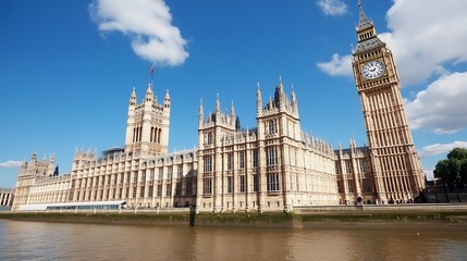 Fototapeta premium Historic Architecture of the Houses of Parliament and Big Ben on a Sunny Day : Generative AI