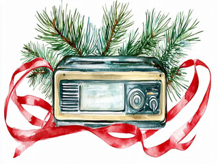 clipart Watercolor vintage radio illustration Christmas holiday decoration pine branches ribbon festive transistor hand drawn white background nostalgic winter aesthetic dial warm cozy gift metal