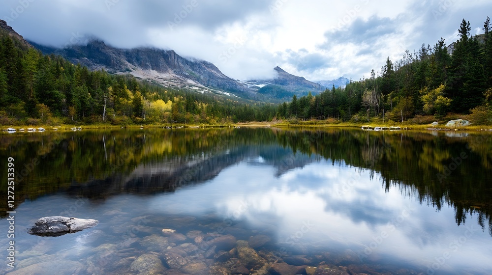 Poster breathtaking mountain reflection in calm lake under cloudy sky in autumn : generative ai