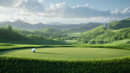 Fototapeta premium Tranquil Green: A perfectly manicured golf course green with a white golf ball, flag, set against the backdrop of rolling green hills under a cloudy sky.