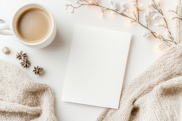 Cozy winter scene featuring a cup of coffee, blank card, and decorative elements