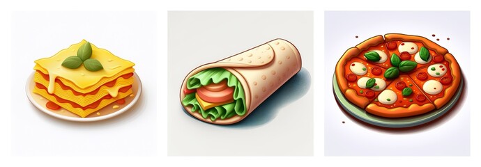 Three food dishes are displayed: lasagna with basil, a vegetable wrap, and a pizza topped with tomato, cheese, and basil.