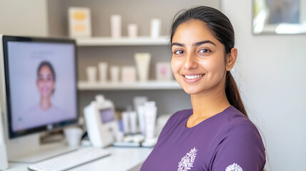 Pakistani spa and beauty care receptionist woman in purple dress smiling at lobby front desk