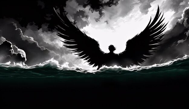 A dramatic monochrome illustration of a winged angel emerging from a turbulent sea under a stormy sky.