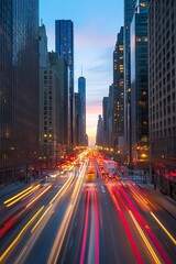 Obraz premium Vibrant Cityscape with Colorful Light Trails and Stunning Sunset in Urban Setting : Generative AI