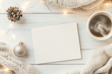 Cozy winter scene with a blank card, coffee, and festive decorations on a table