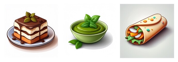 Three food items are displayed: a layered chocolate cake topped with mint, a bowl of vibrant green dip with basil, and a tasty-looking savory wrap.