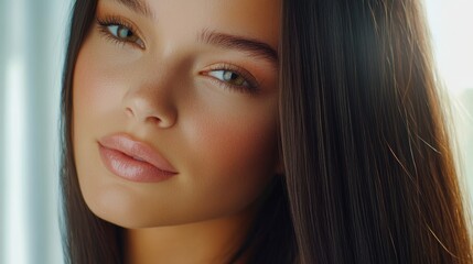Obraz premium Woman with long dark hair and striking features gazes softly with bright eyes in a serene indoor setting