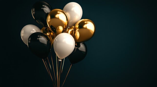 Elegant black, gold, and white balloons bunch. Ideal for celebrating special occasions, adding festive flair to designs.