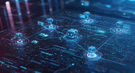 The future of business automation, where AI-powered bots handle data transfers between enterprise systems, displayed on a sleek digital network interface