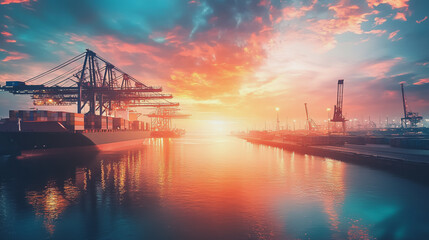 Container truck in ship port for business Logistics and transportation of Container Cargo ship and Cargo plane with working crane bridge in shipyard at sunrise, logistic import export and transport