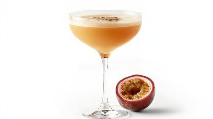 A sleek glass of passion fruit juice with visible seeds, garnished with a half passion fruit on the side, isolated on a clean white background.