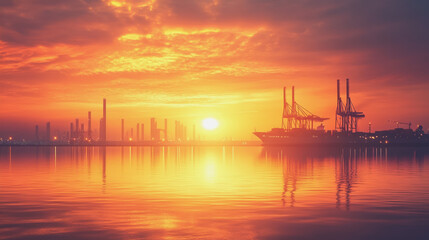 Fototapeta premium Container truck in ship port for business Logistics and transportation of Container Cargo ship and Cargo plane with working crane bridge in shipyard at sunrise, logistic import export and transport