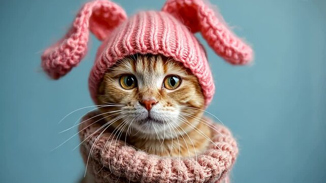 Funny kitten dressed in cozy pink knitted hat with Easter bunny ears. Adorable ginger cat wearing pink bunny hat with playful expressions