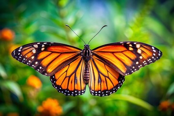 Naklejka premium Monarch Butterfly Wings Spread, Isolated Orange Insect, High-Resolution Stock Photo