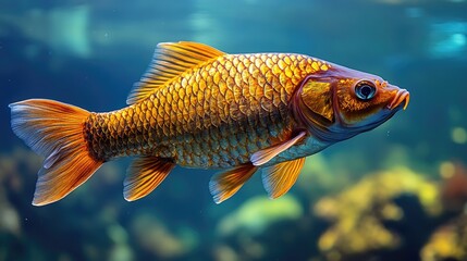 Fototapeta premium Golden carp swimming aquarium, underwater, coral