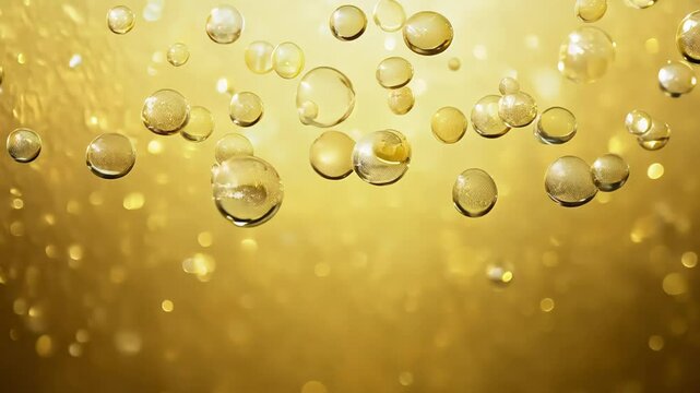Effervescent golden bubbles rising in sparkling liquid animation scene. Champagne gring background