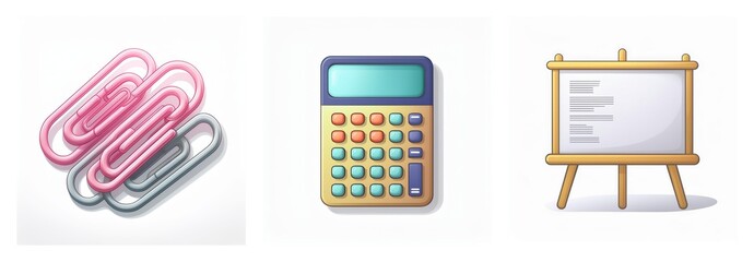 Image showcases office necessities: pink and grey paperclips, a colorful calculator, and a wooden whiteboard on a stand, isolated on a white backdrop.