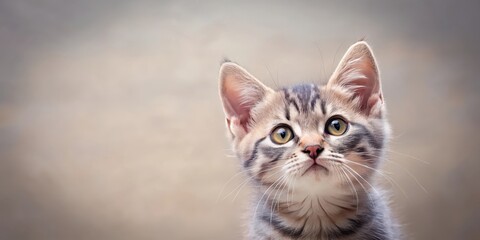 Fototapeta premium A Curious Kitten Gazing Upward with Wide, Expressive Eyes, Displaying a Playful and Adorable Expression on a Soft Neutral Background