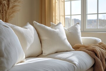 Ultra-realistic close-up of two white fabric corner sofa cushions in a frontal view, with light beige walls and a window in the background.
