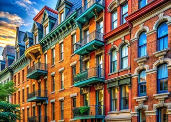 Montreal Hotel Facade: Elegant Windows & Brick Architecture - Stock Photo