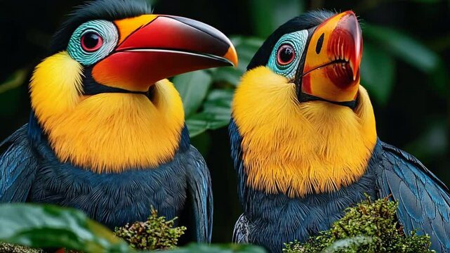 Exotic Duo: Two vibrant toucans with their distinctive, oversized beaks, and colorful plumage, perch amongst lush, tropical foliage, their curious gaze captured in this striking wildlife portrait.