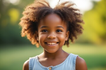 smiling little girl with curly hair in a blue dress