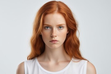 Naklejka premium redhead haired woman with blue eyes and white tank top