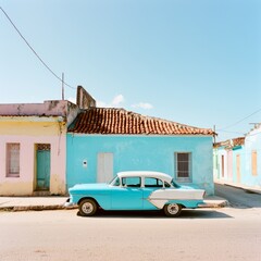 Fototapeta premium Cuban Street Scene - Vintage Car parked between pastel buildings