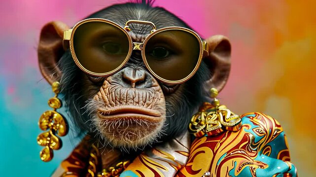 Stylish chimpanzee in sunglasses and fashion attire against colorful background. Monkey posing in quirky colorful outfit.  Funny anthropomorphic animals