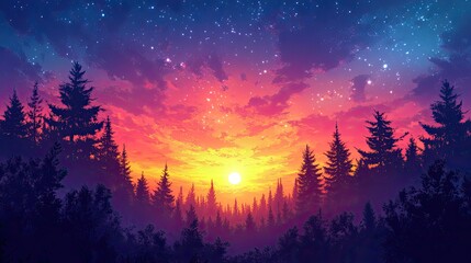 Obraz premium Vibrant Sunset Over Silhouetted Pine Forest Under Starry Sky