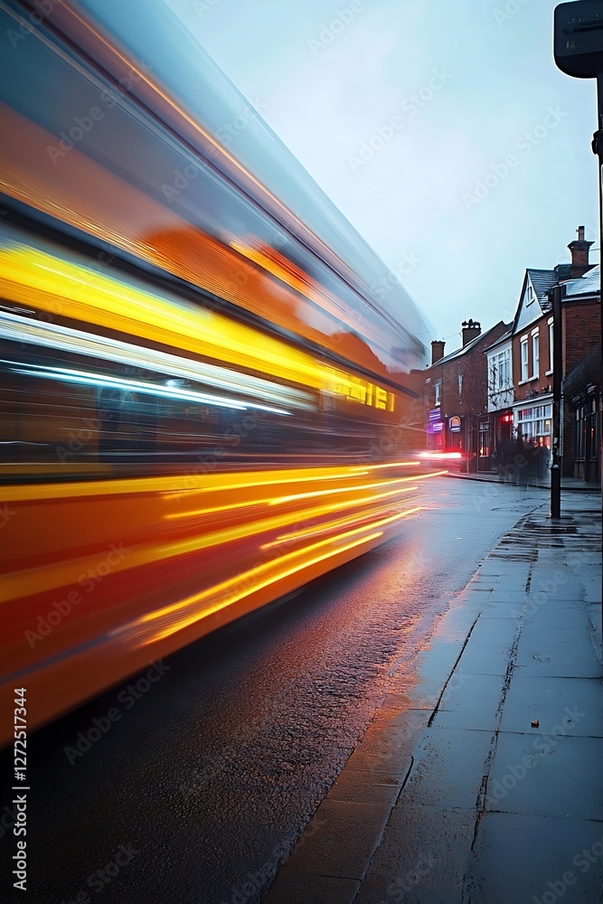 Aufkleber dynamic motion blur effect of bus traveling through urban street at dusk capturing modern city life 