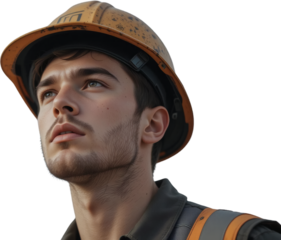 Young Construction Worker Man in Hard Hat Looking Upwards Outdoors