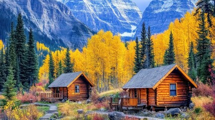 Two rustic log cabins nestled in a vibrant autumnal forest, majestic mountains in the background.