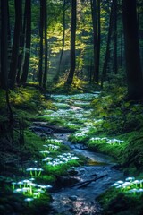 Obraz premium Glowing mushrooms line stream in sun-dappled forest; nature fantasy background