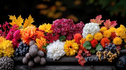 Fototapeta premium Vibrant autumn flowers, maple leaves, and harvest fruits arranged on a rustic wooden log in a dark outdoor setting.