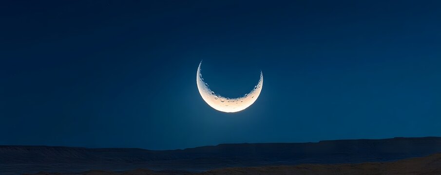 A crescent moon illuminates the night sky above land