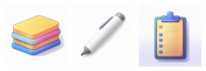 Office icons: stack of colorful papers, white marker, clipboard with checklist. Organize work tools.