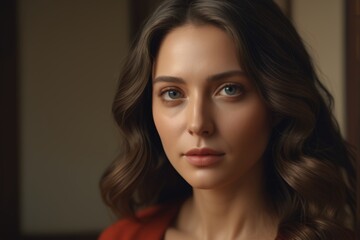 Naklejka premium arafed woman with long brown hair and a red shirt