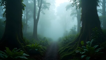 Mystical Foggy Forest Path  Lush Greenery  Dark Trees