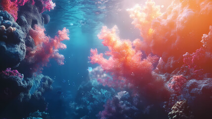 Obraz premium Hyper-real 3d background image of underwater coral reef scenery. Hyper-Real Light Reflections. Illustration