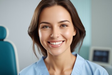 smiling woman in blue scrubs in dental office with chair
