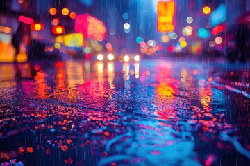 Obraz premium Rainy night in city streets illuminated by colorful lights during twilight hours with wet pavement reflections