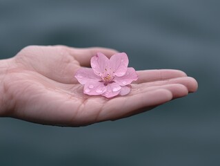 Delicate pink cherry blossom resting on a hand against a serene blue background