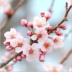 Delicate pink cherry blossoms blooming on branches against a soft blue sky