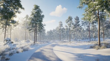 Obraz premium Snowy Forest Path Winter Sunlight Scene