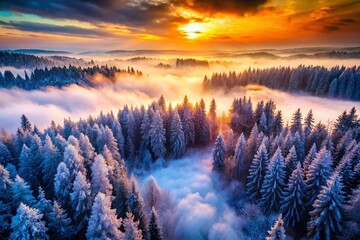 Obraz premium Mysterious Winter Fog: Drone View of Snow-Covered Forest