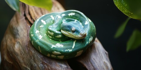 Green tree python resting on a wooden branch in a natural habitat during daylight